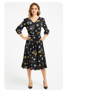Allison Daley Petites Black Floral Business Casual Office Siren Midi Dress PM